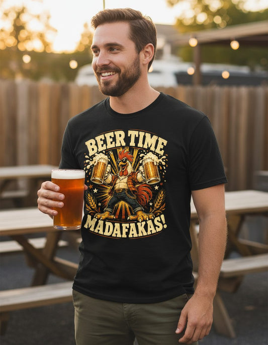 Beer Time Madafakas Funny Rooster T-Shirt - lifestyle model mockup - Black