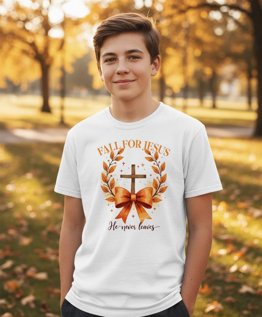 Fall for Jesus He Never Leaves christian faith Youth T-Shirt White lifestyle mockup