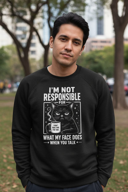 I'm Not Responsible for What My Face Does When You Talk Funny Sarcastic Cat Sweatshirt - lifestyle model mockup - Black