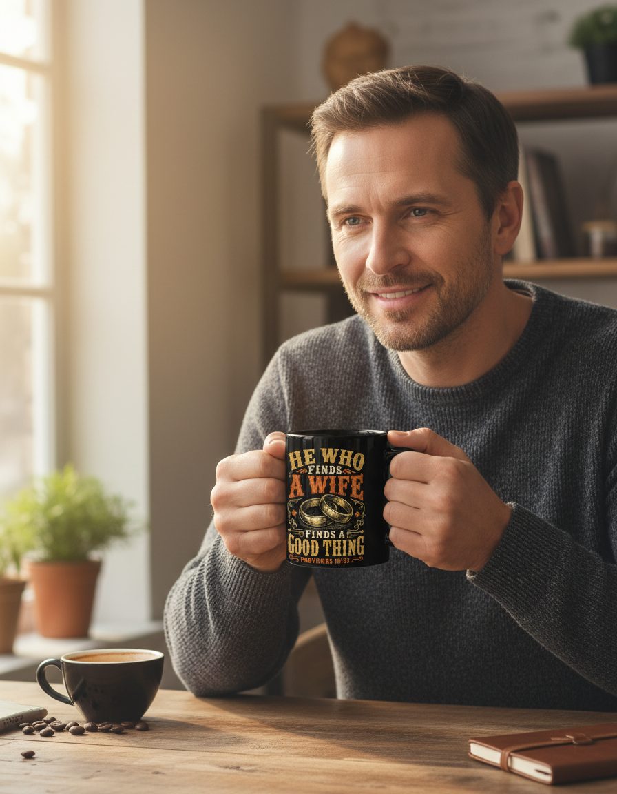 He Who Finds a Wife Finds a Good Thing Proverbs 18 22 Black Mug - lifestyle model mockup - Black