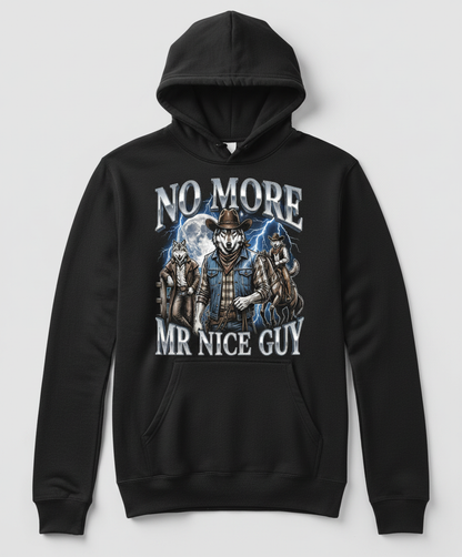 No More Mr Nice Guy Cowboy Wolf Hoodie - product mockup - Black