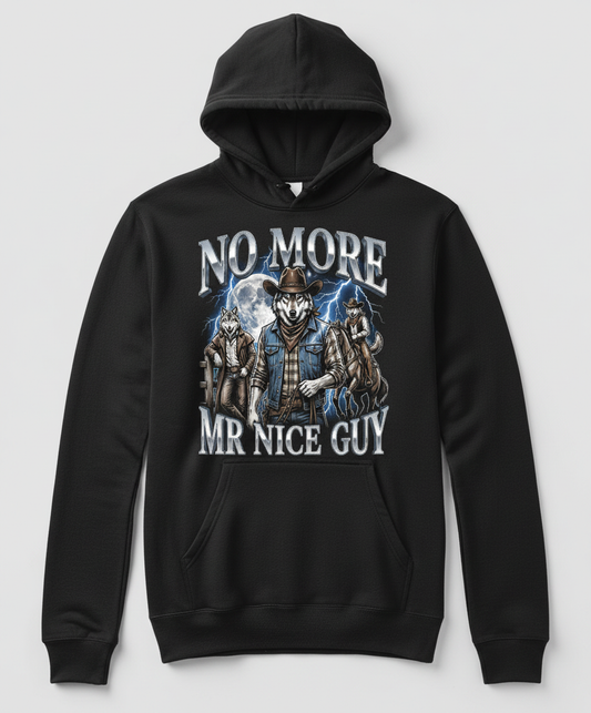No More Mr Nice Guy Cowboy Wolf Hoodie - product mockup - Black