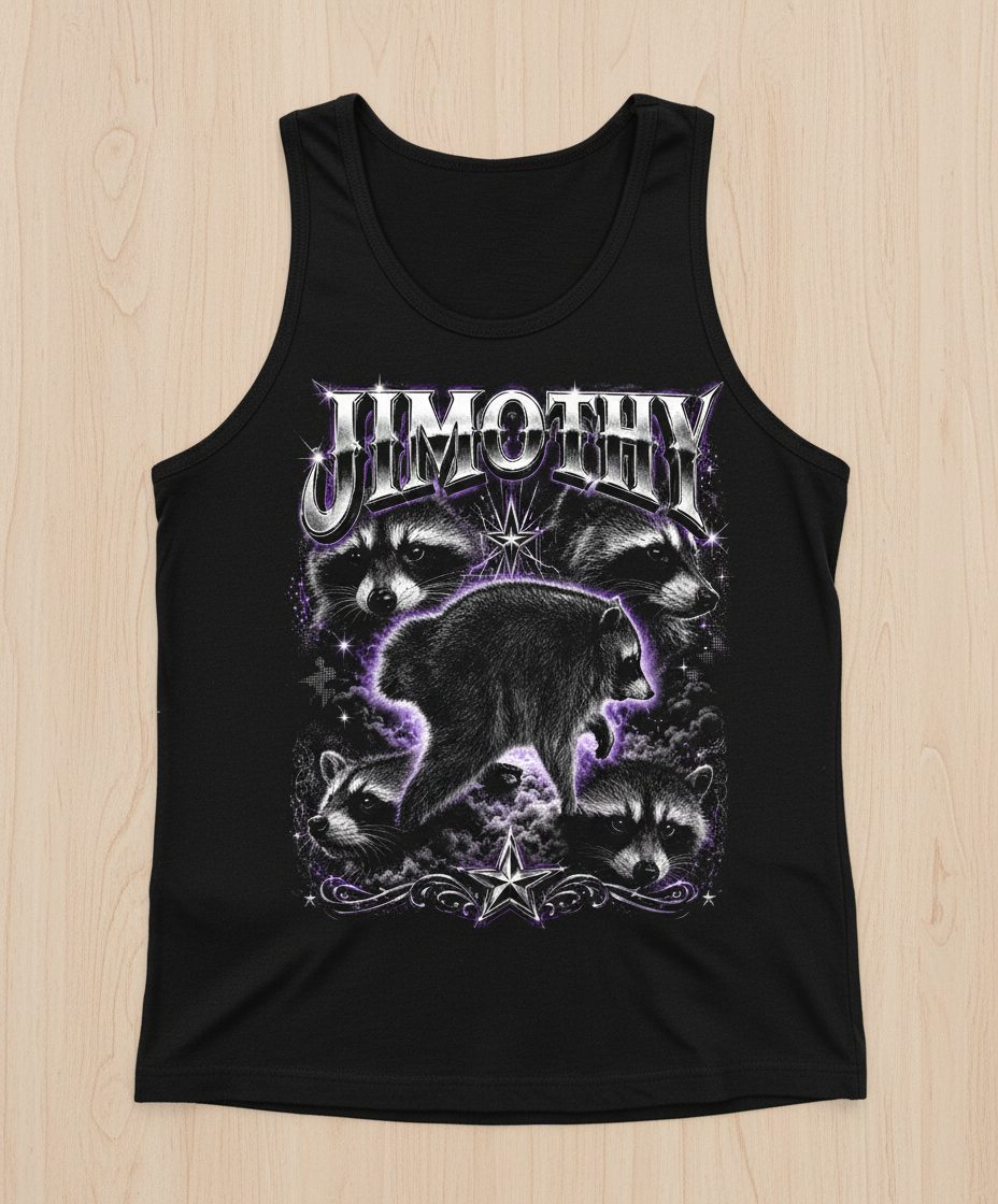 Jimothy Funny Raccoon Tank Top - product mockup - Black
