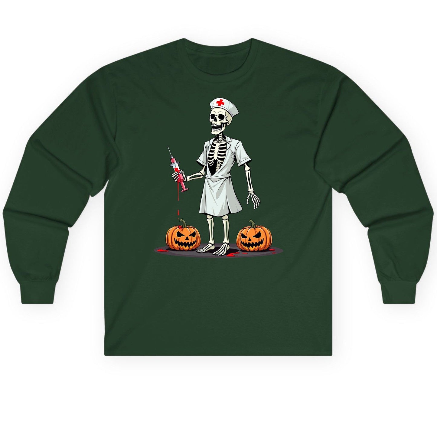 Spooky Skeleton Nurse Halloween skeleton nurse Long Sleeve Tee Forest Green product mockup