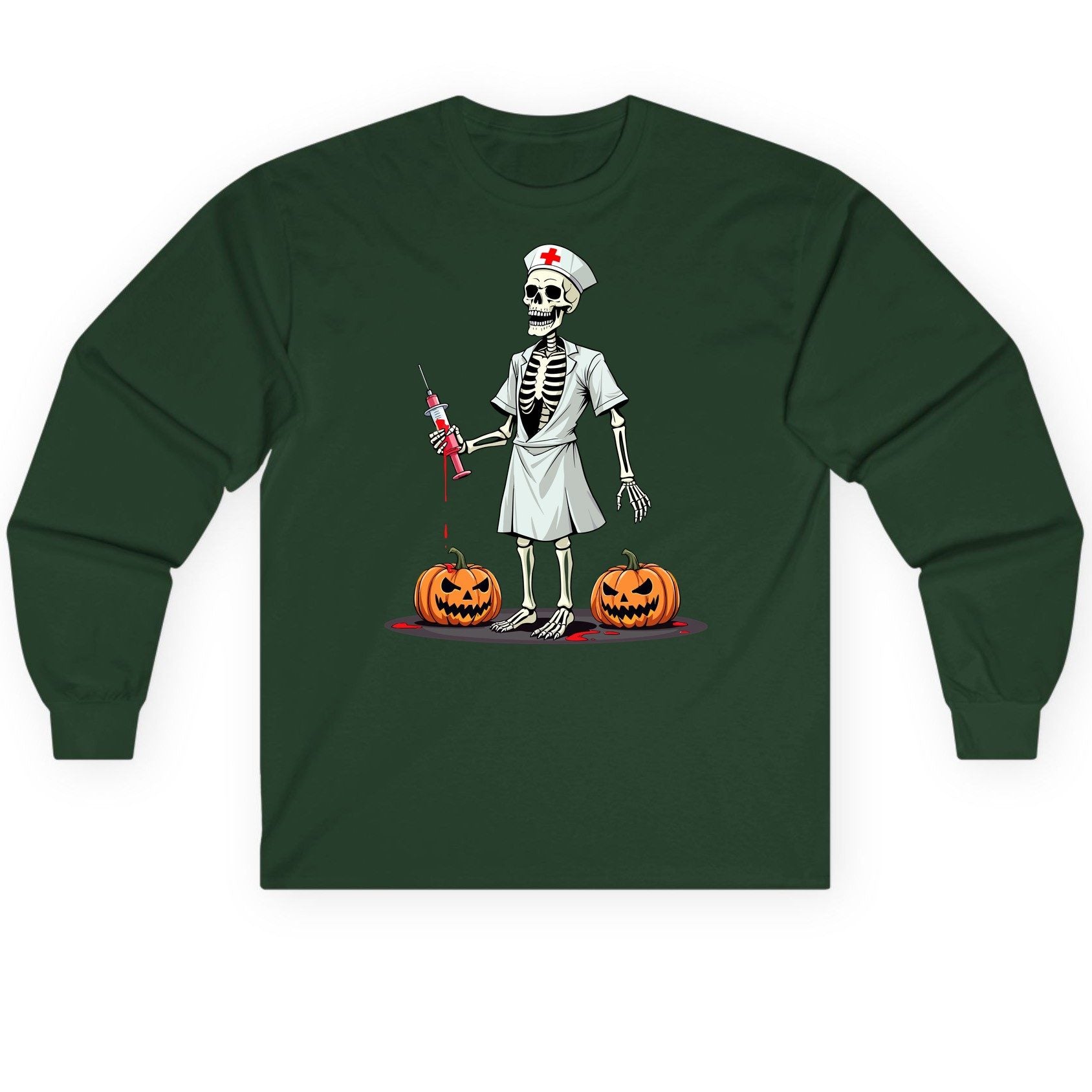 Spooky Skeleton Nurse Halloween skeleton nurse Long Sleeve Tee Forest Green product mockup