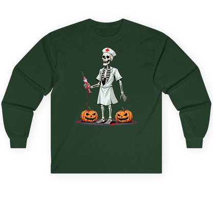 Spooky Skeleton Nurse Halloween skeleton nurse Long Sleeve Tee Forest Green product mockup