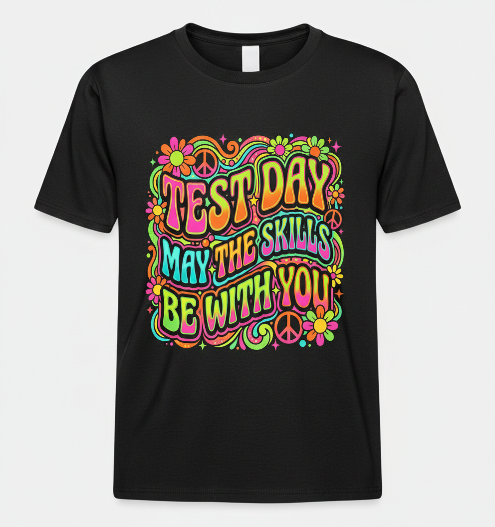 Test Day May The Skills Be With You Psychedelic Retro Design T-Shirt - Black