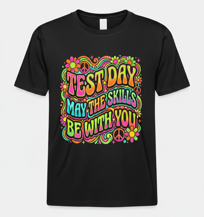 Test Day May The Skills Be With You Psychedelic Retro Design T-Shirt - Black