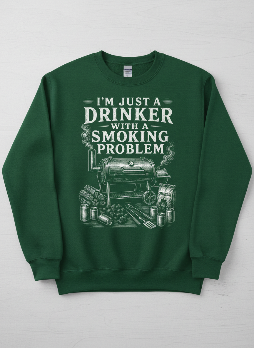 I'M JUST A DRINKER WITH A SMOKING PROBLEM Funny Drinker With A Smoking Problem BBQ Sweatshirt - product mockup - Forest Green