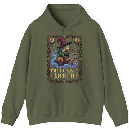 Off to Cause a Kerfuffle frog wizard Hoodie Military Green product mockup