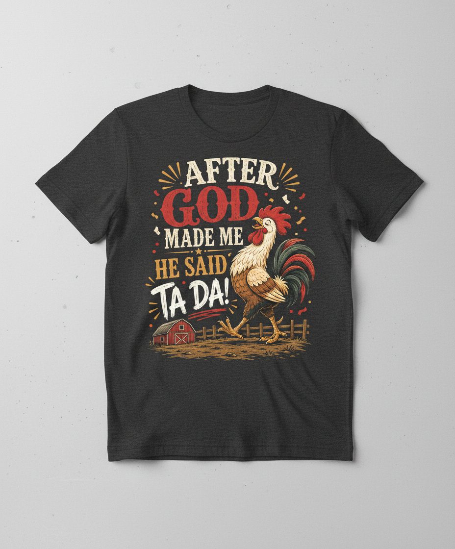 AFTER GOD MADE ME HE SAID TA DA Funny Rooster T-Shirt - product mockup - Dark Heather