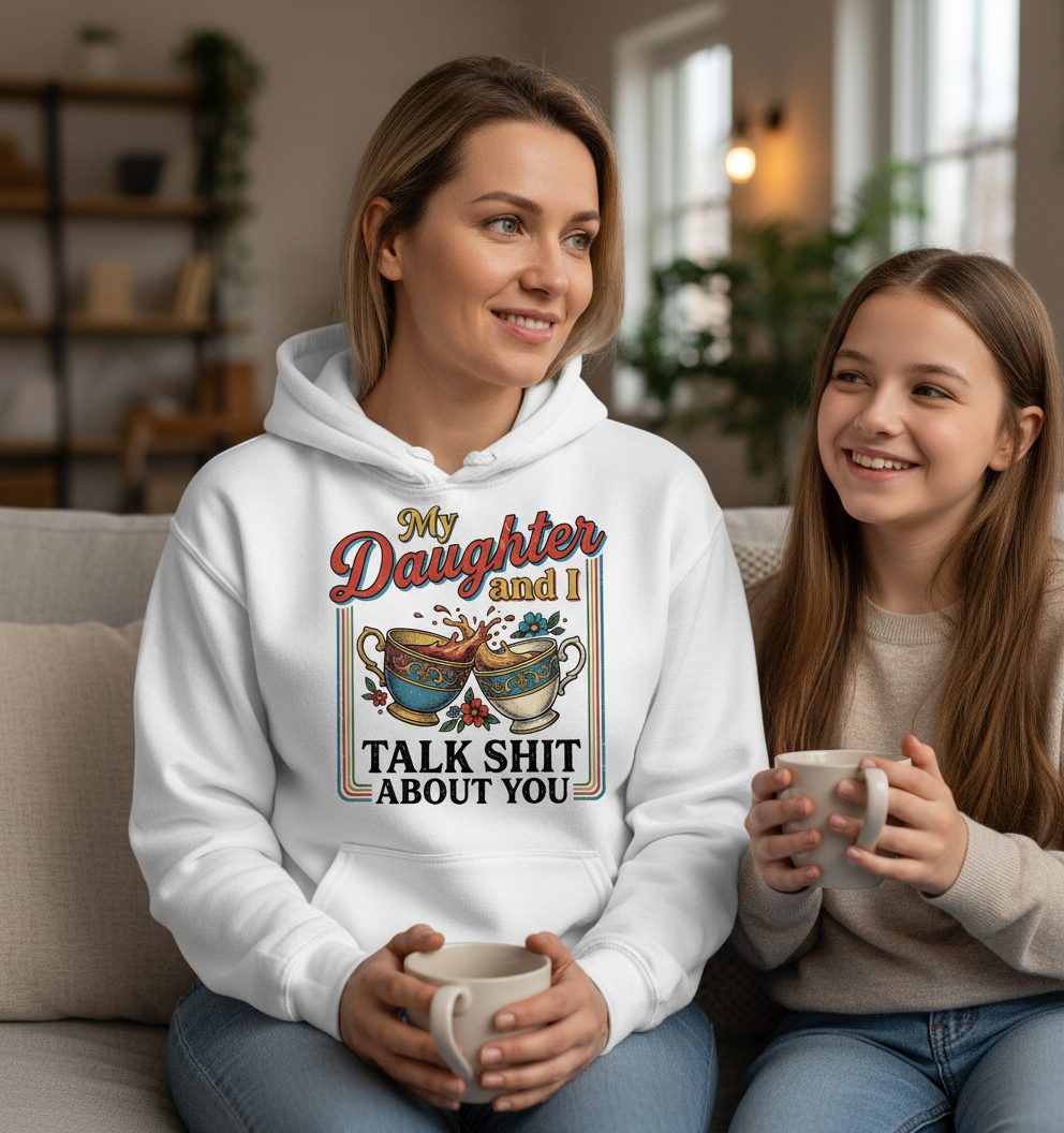 My Daughter and I Talk Shit About You Funny Mother Relationship Hoodie - lifestyle model mockup - White