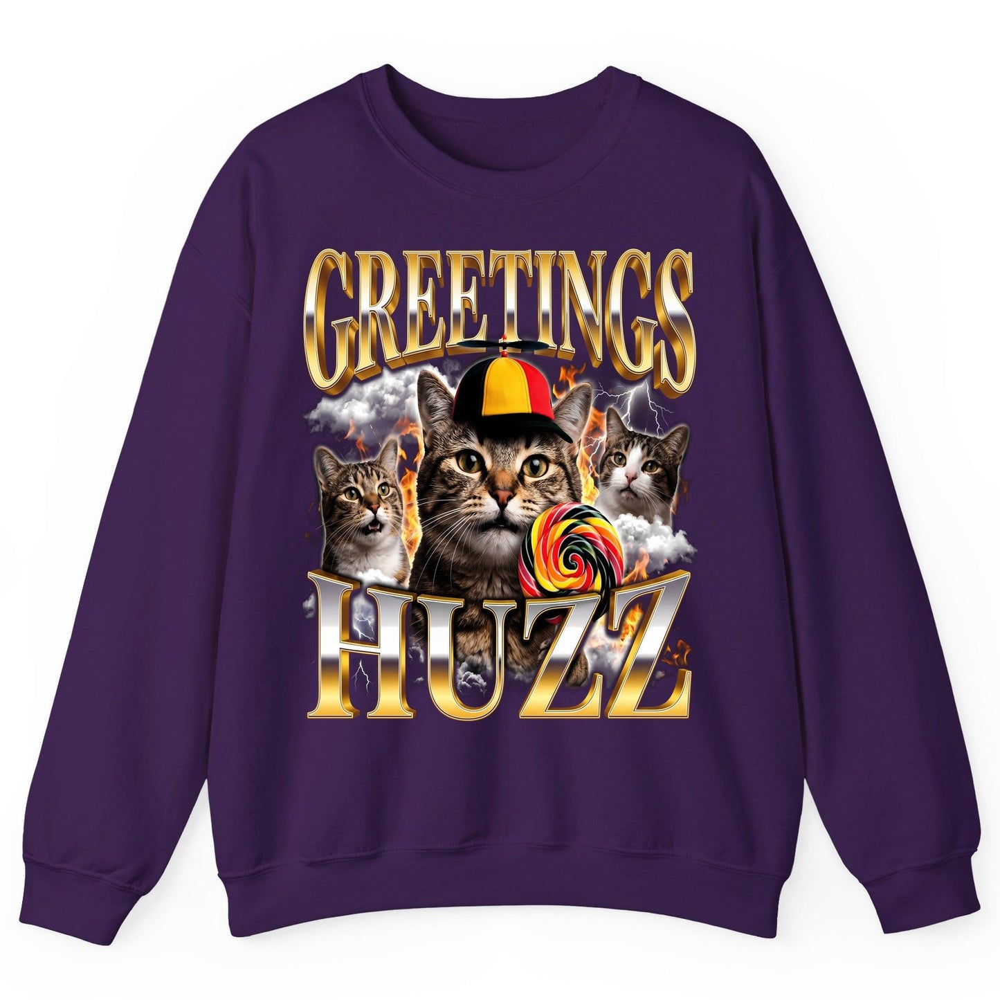 Greetings HUZZ Funny Cats Sweatshirt - product mockup - Purple