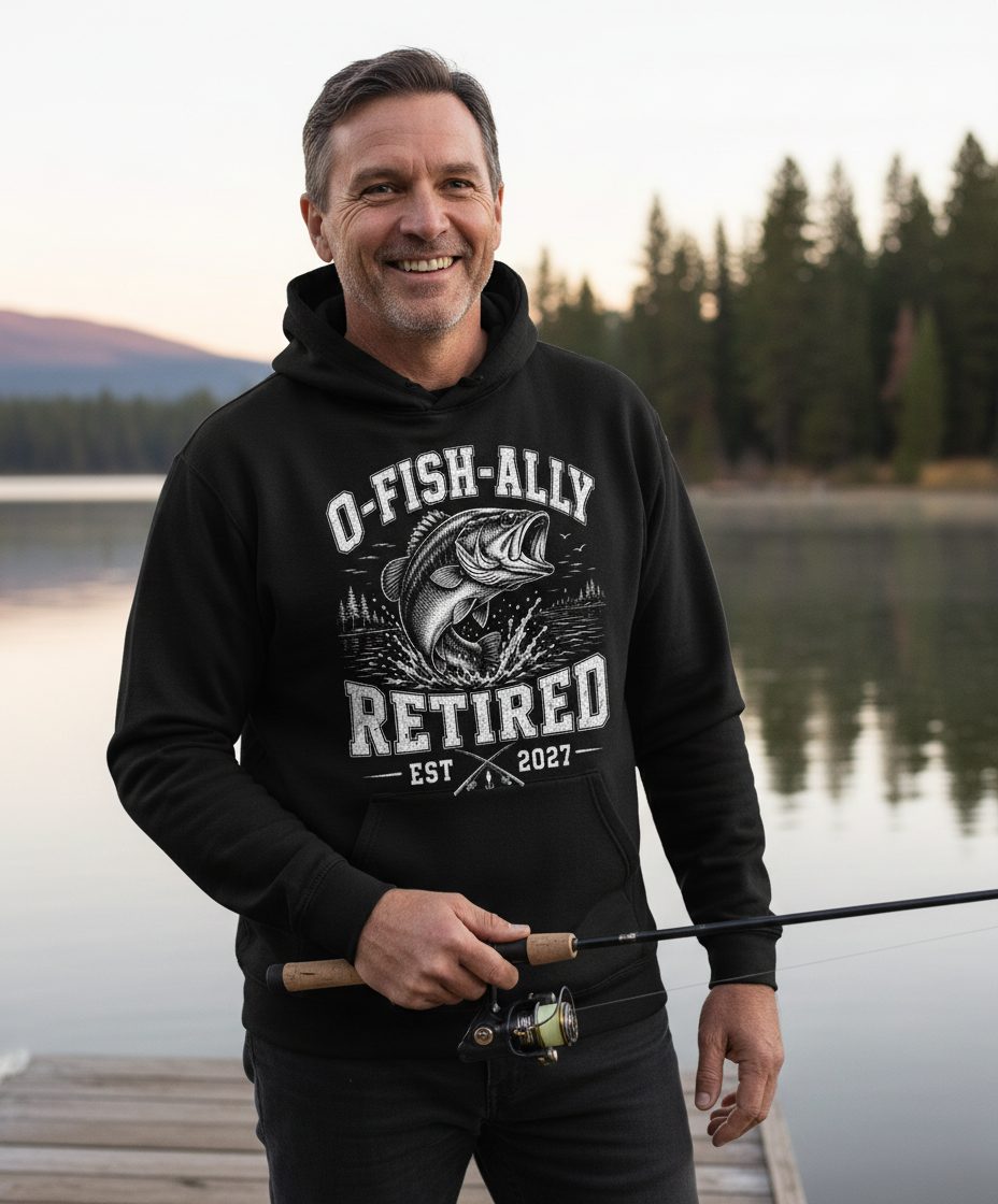 O-Fish-Ally Retired EST 2027 Funny Fishing Hoodie - lifestyle model mockup - Black