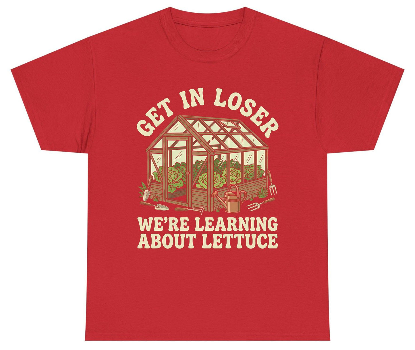 GET IN LOSER WE'RE Learning ABOUT Lettuce Youth T-Shirt - product mockup - Red