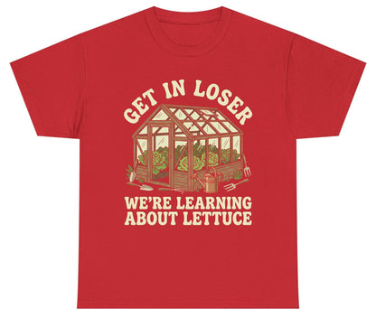 GET IN LOSER WE'RE Learning ABOUT Lettuce Youth T-Shirt - product mockup - Red