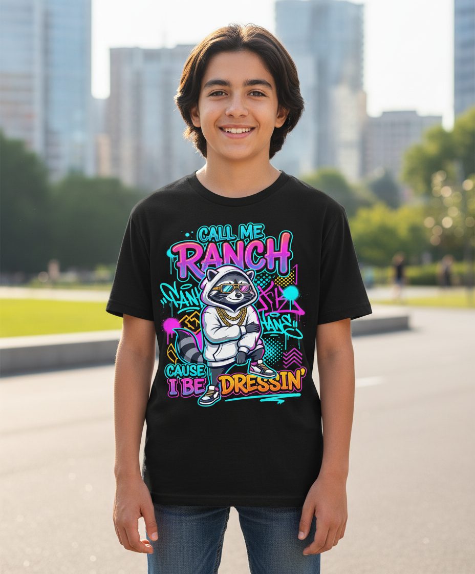 Call Me Ranch Cause I Be Dressin' raccoon Youth T-Shirt Black lifestyle mockup
