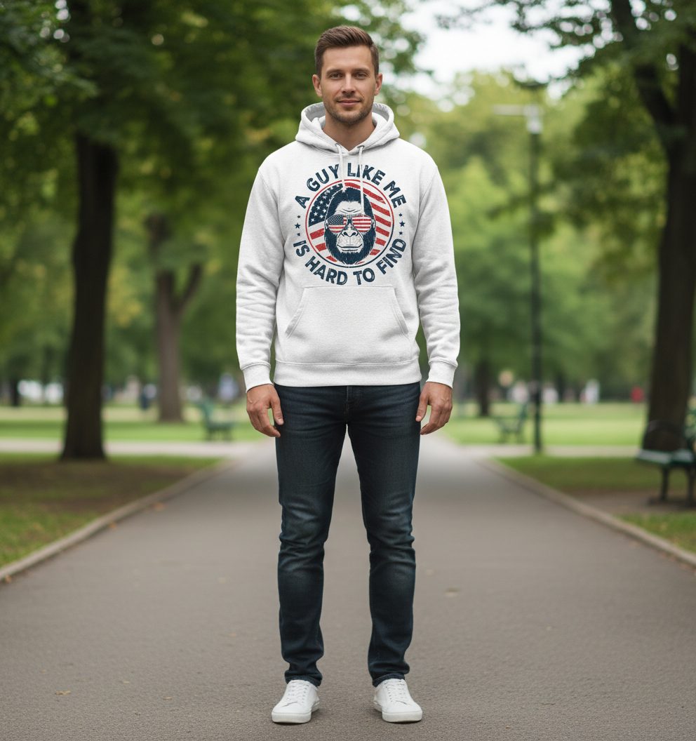 A Guy Like Me Is Hard to Find patriotic bigfoot Hoodie White lifestyle mockup