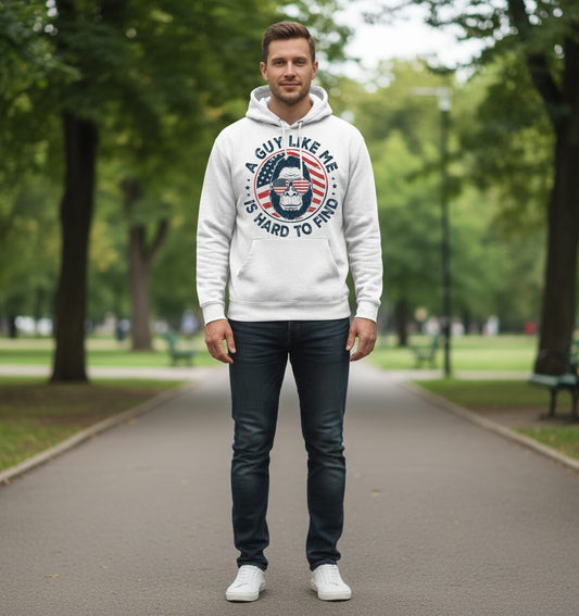 A Guy Like Me Is Hard to Find patriotic bigfoot Hoodie White lifestyle mockup