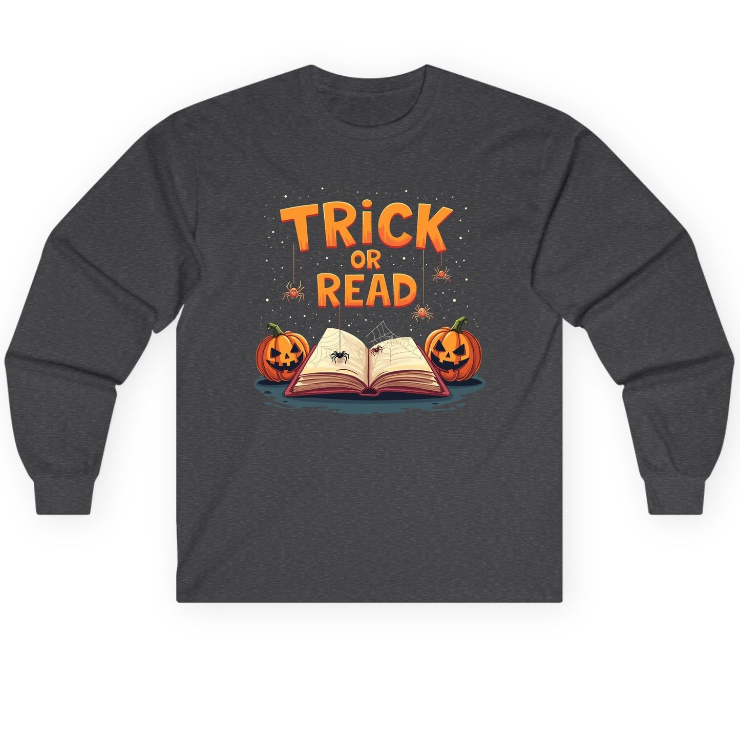 Trick or Read Halloween Long Sleeve Tee Dark Heather product mockup