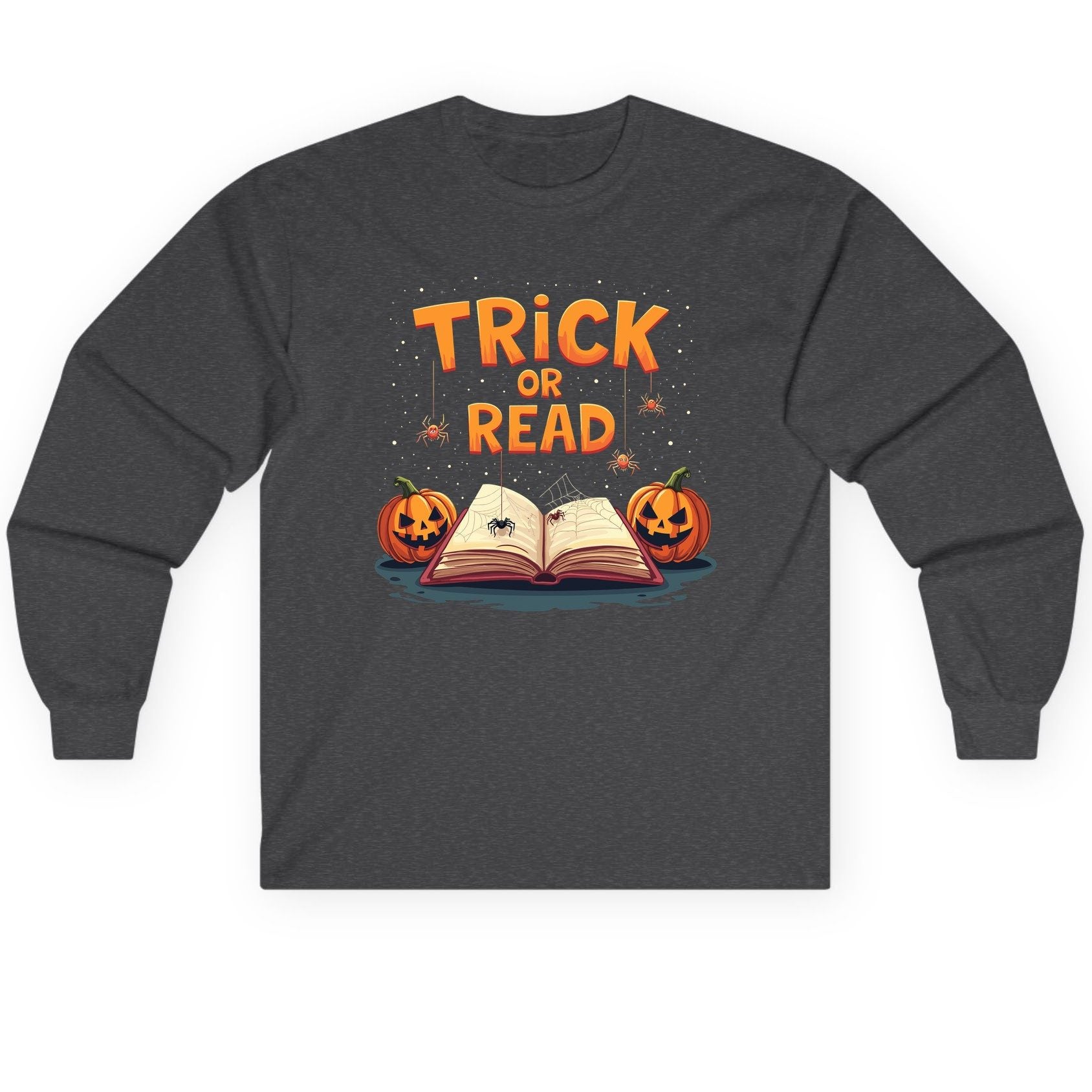 Trick or Read Halloween Long Sleeve Tee Dark Heather product mockup