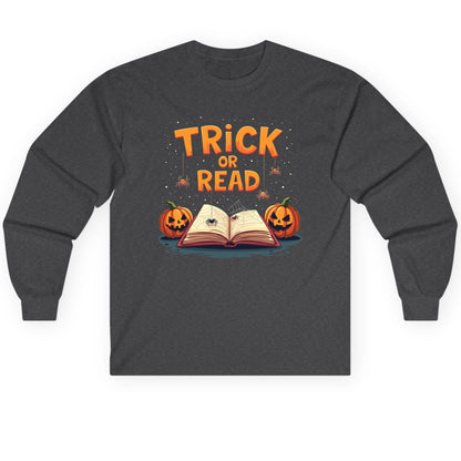 Trick or Read Halloween Long Sleeve Tee Dark Heather product mockup