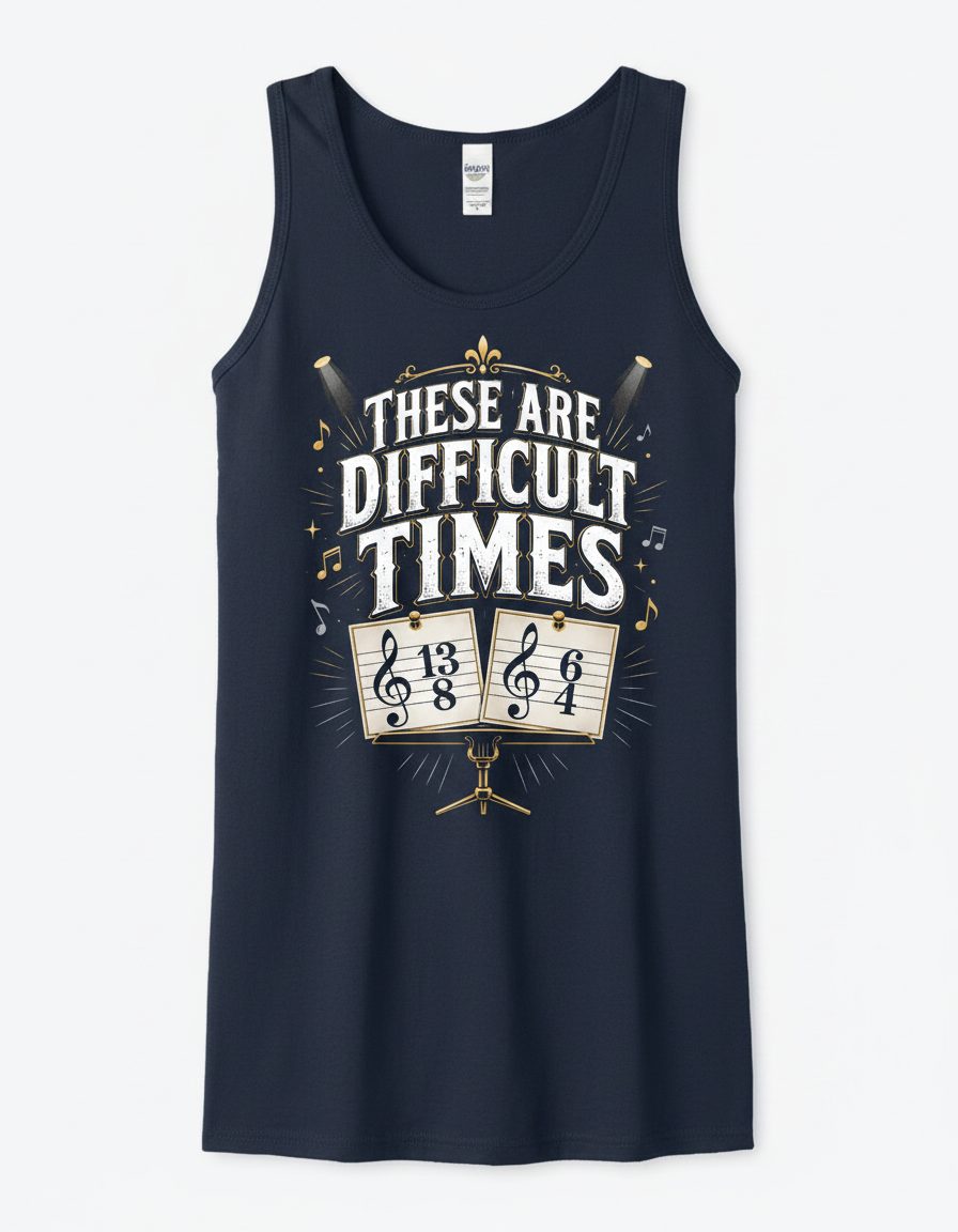 THESE ARE Difficult TIMES Funny Music Humor Tank Top - product mockup - Navy