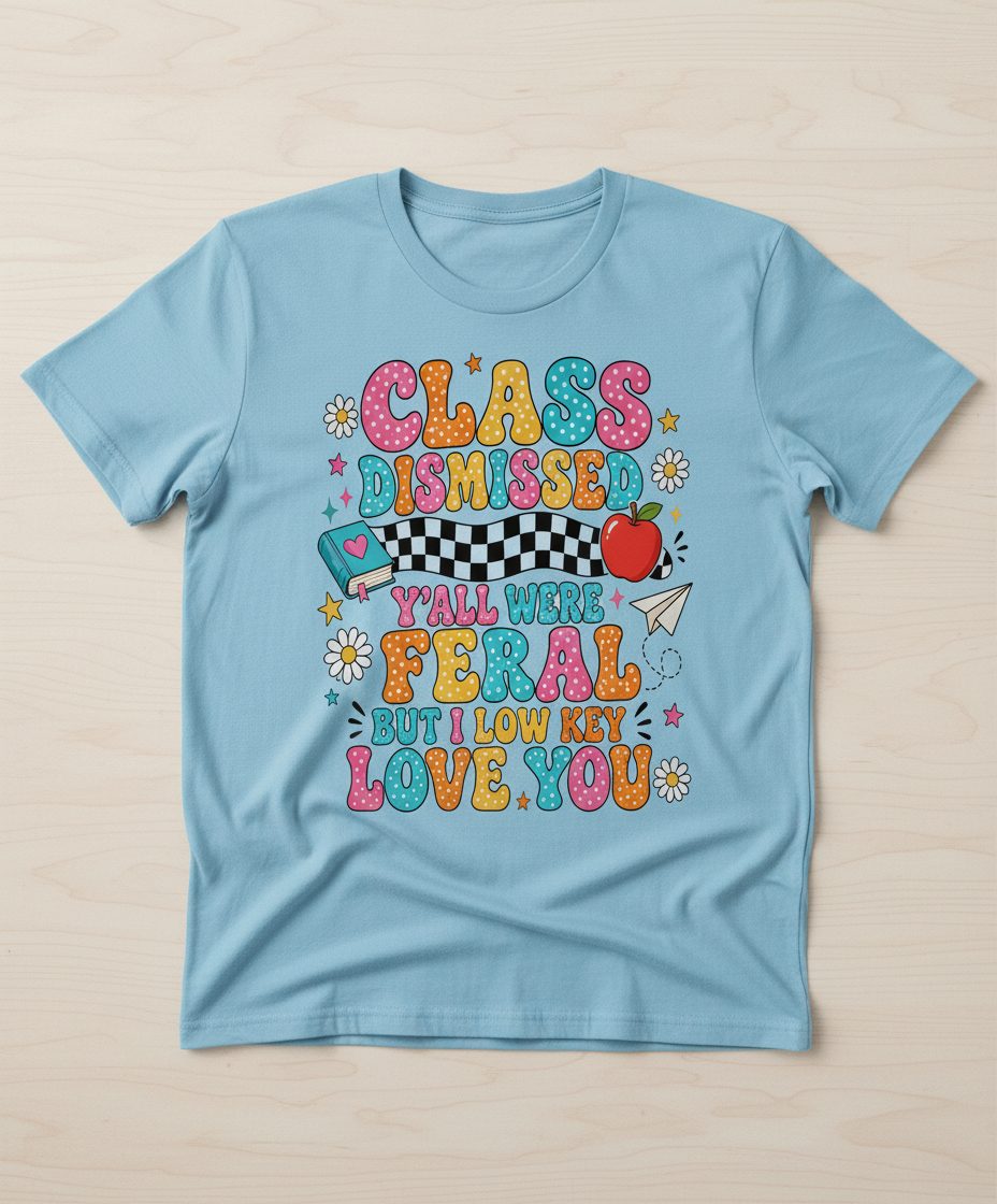 Class Dismissed Y'all Were Feral but I Low Key Love You T-Shirt - product mockup - Light Blue