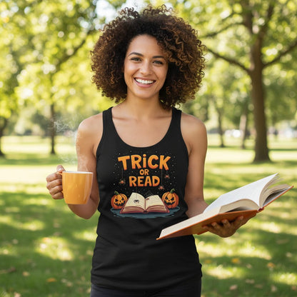 Trick or Read Halloween Tank Top Black lifestyle mockup