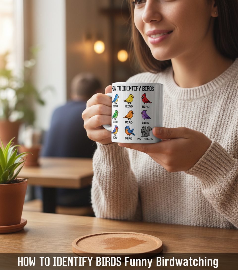 HOW TO Identify BIRDS Funny Birdwatching White Mug - lifestyle model mockup - White