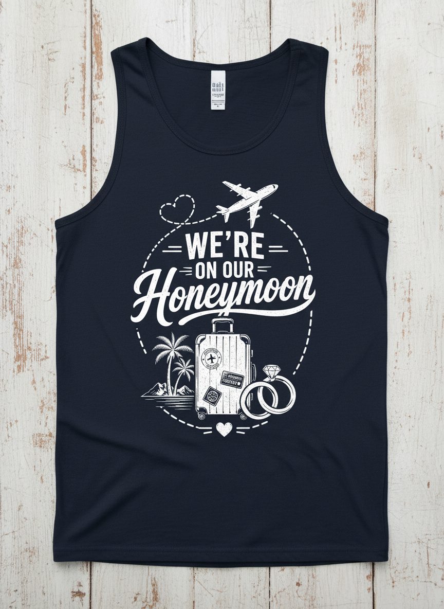 We're on Our Honeymoon Vintage Newlyweds Tank Top - product mockup - Navy
