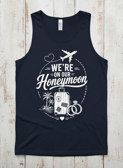 We're on Our Honeymoon Vintage Newlyweds Tank Top - product mockup - Navy
