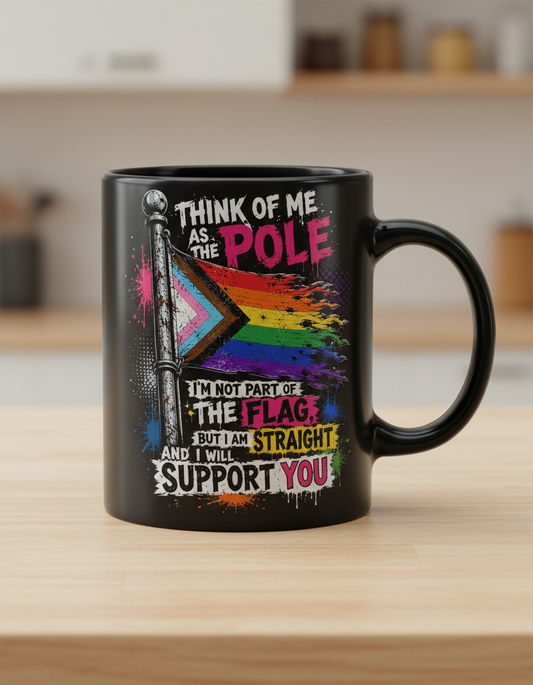Straight Ally LGBTQ+ Support Pole and Flag Black Mug - Black