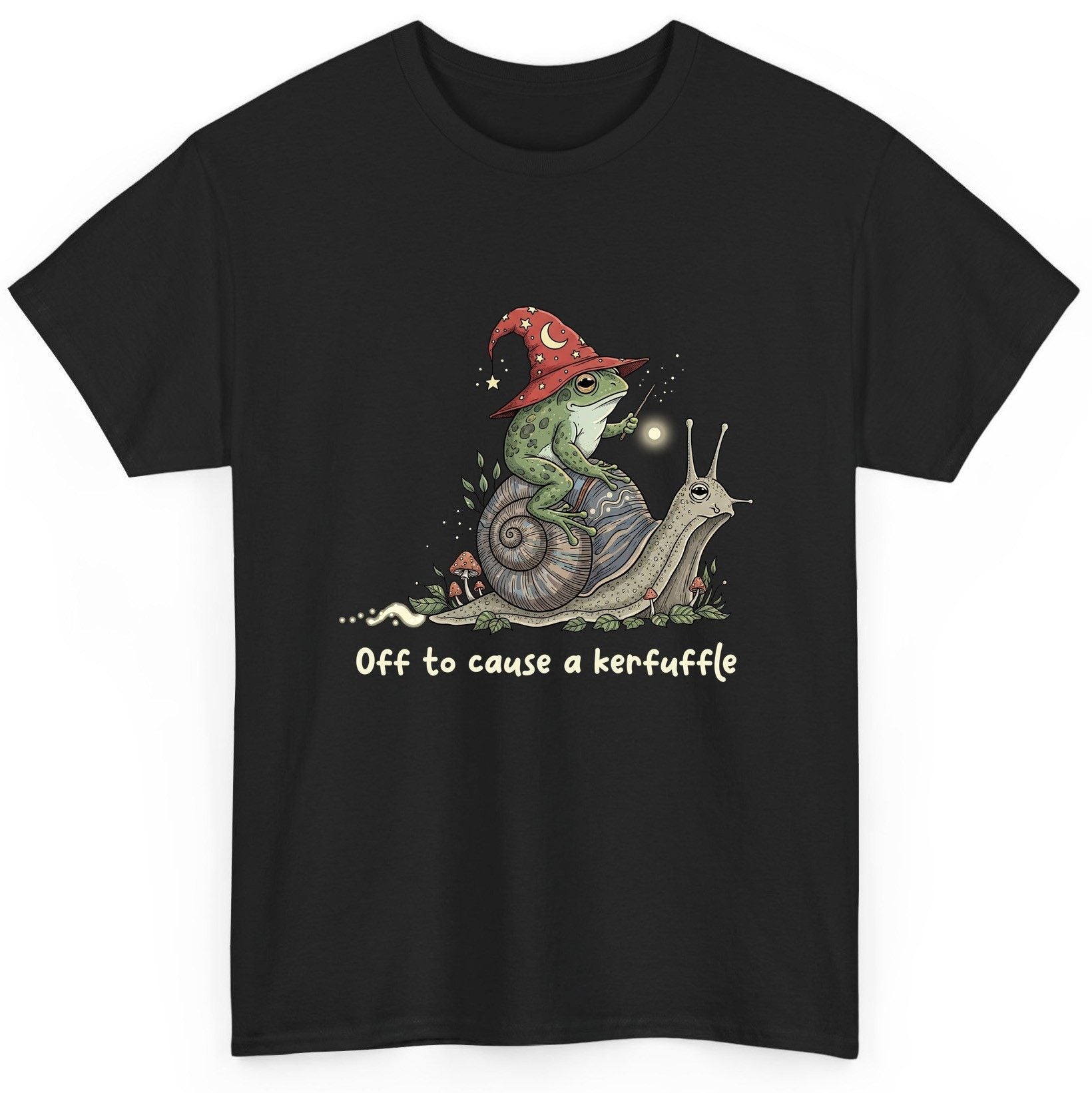 Off to Cause a Kerfuffle wizard frog T-Shirt Black product mockup