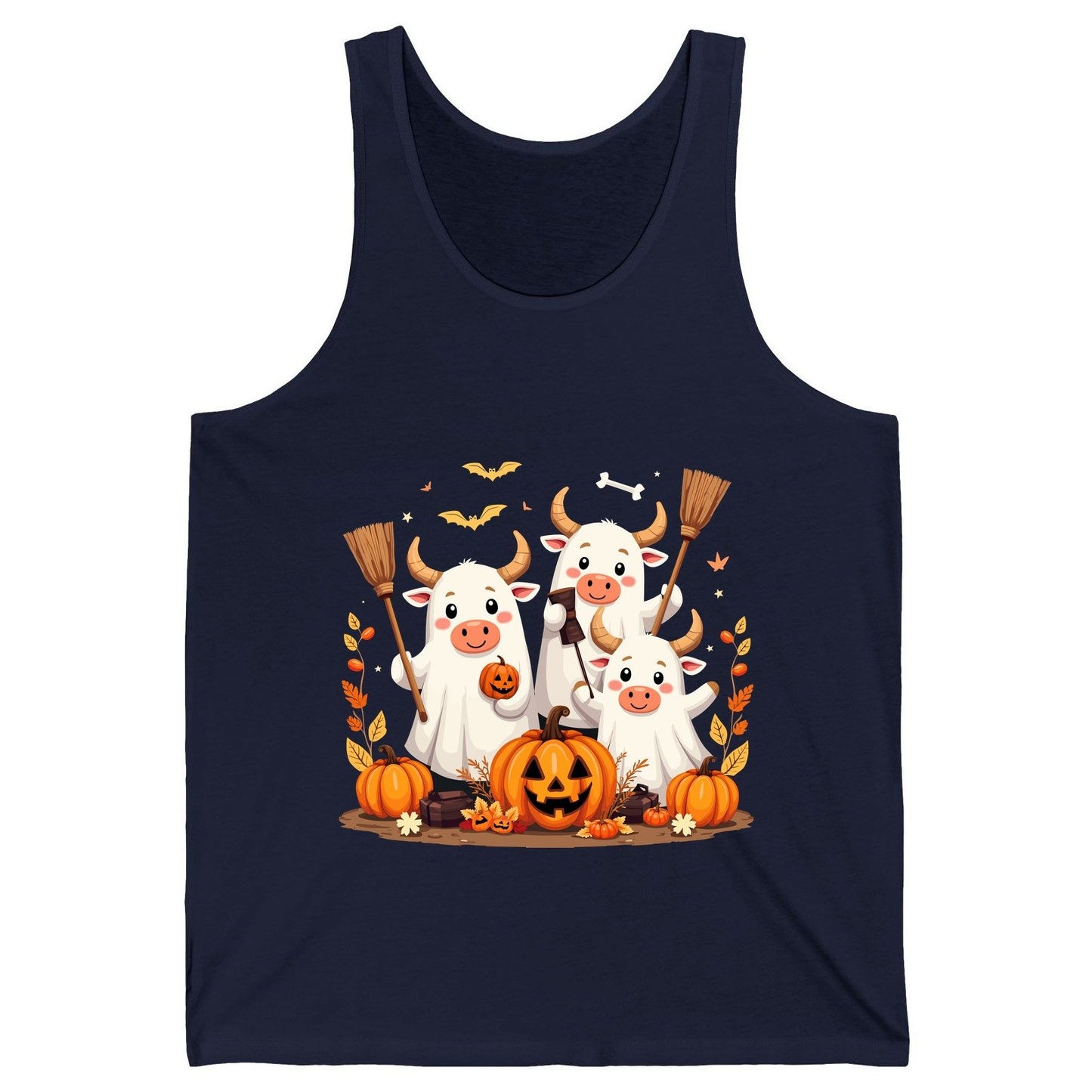 Cute Ghost Cows Halloween cows Tank Top Navy product mockup