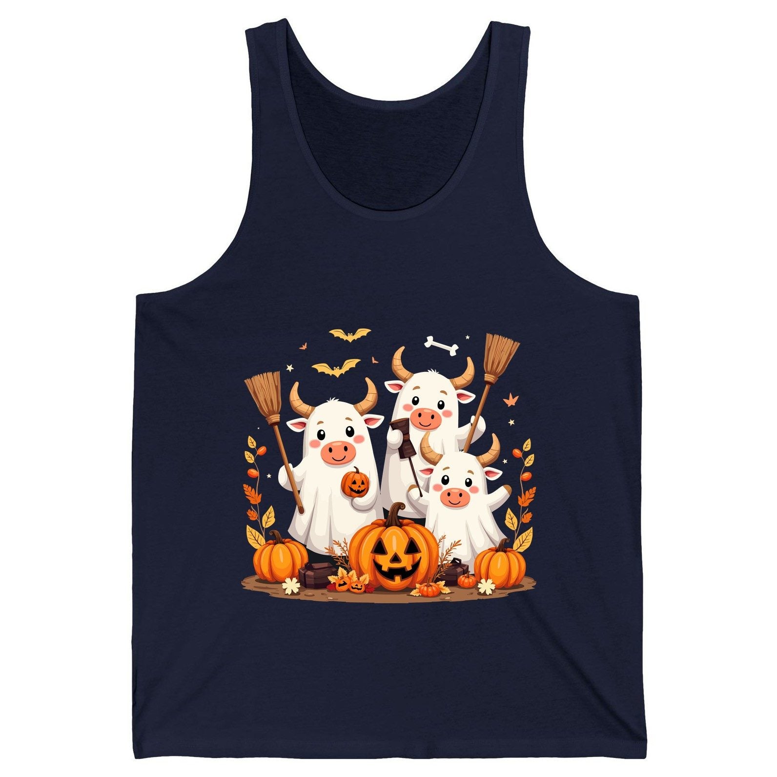 Cute Ghost Cows Halloween cows Tank Top Navy product mockup