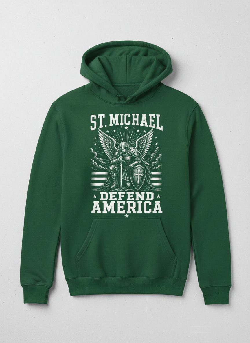 St Michael Defend America Patriotic Christian Hoodie - product mockup - Forest Green