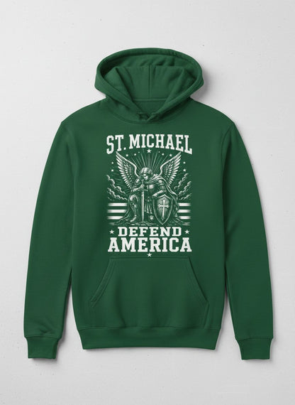 St Michael Defend America Patriotic Christian Hoodie - product mockup - Forest Green