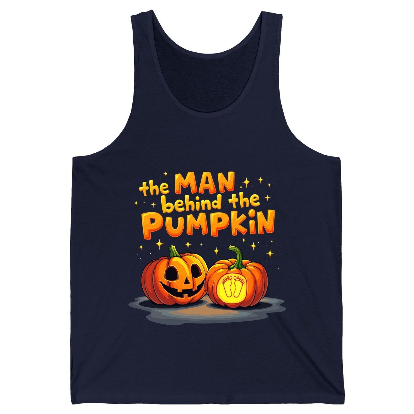The Man Behind the Pumpkin Halloween pregnancy announcement Tank Top Navy product mockup