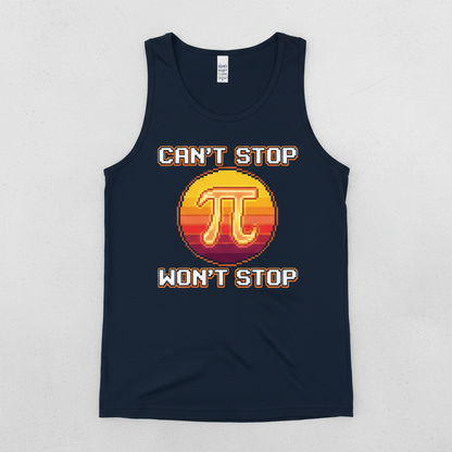 Can't Stop Won't Stop Pi Symbol Retro 8-Bit Math Pun Tank Top - Navy