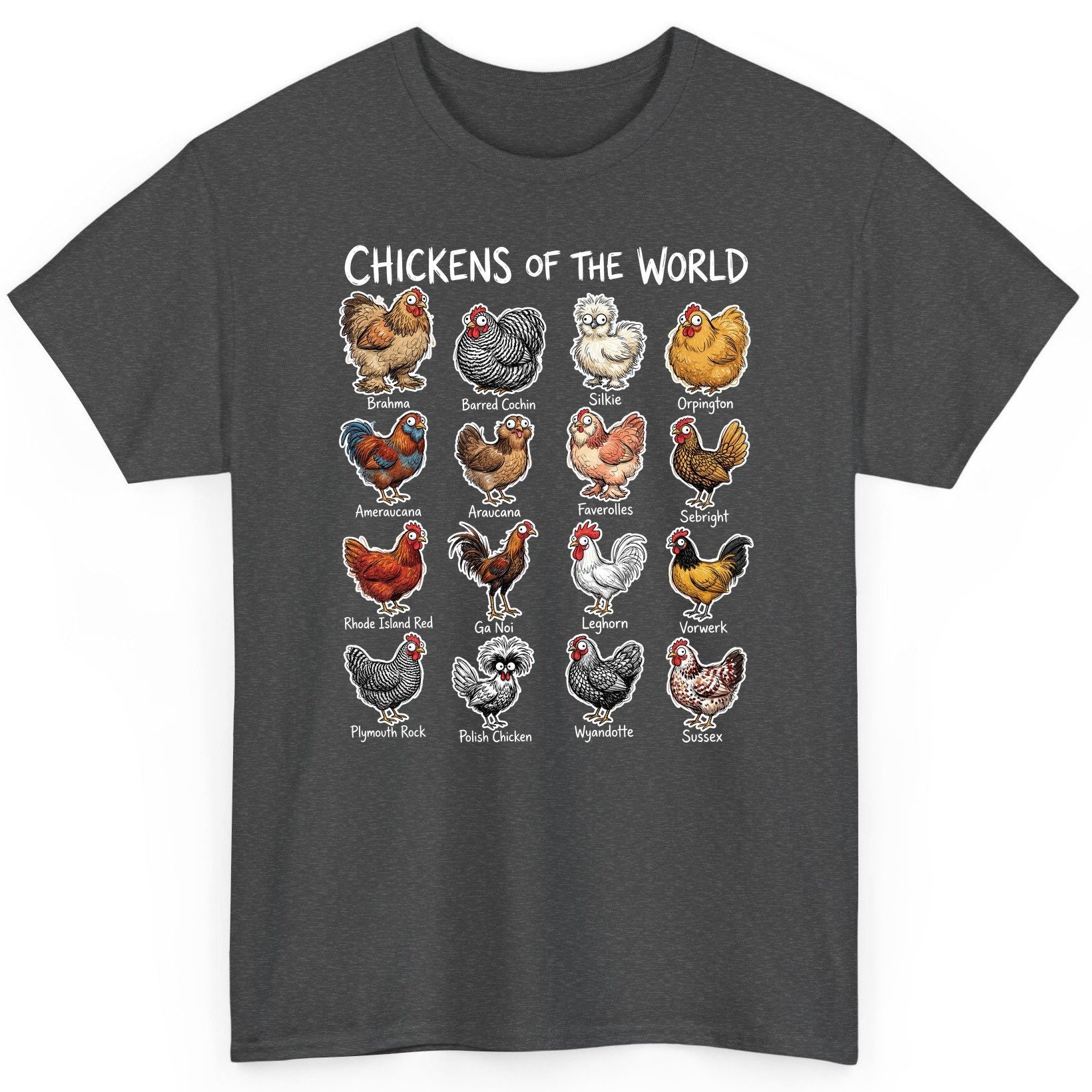 Chickens of the World chicken breeds T-Shirt Dark Heather product mockup