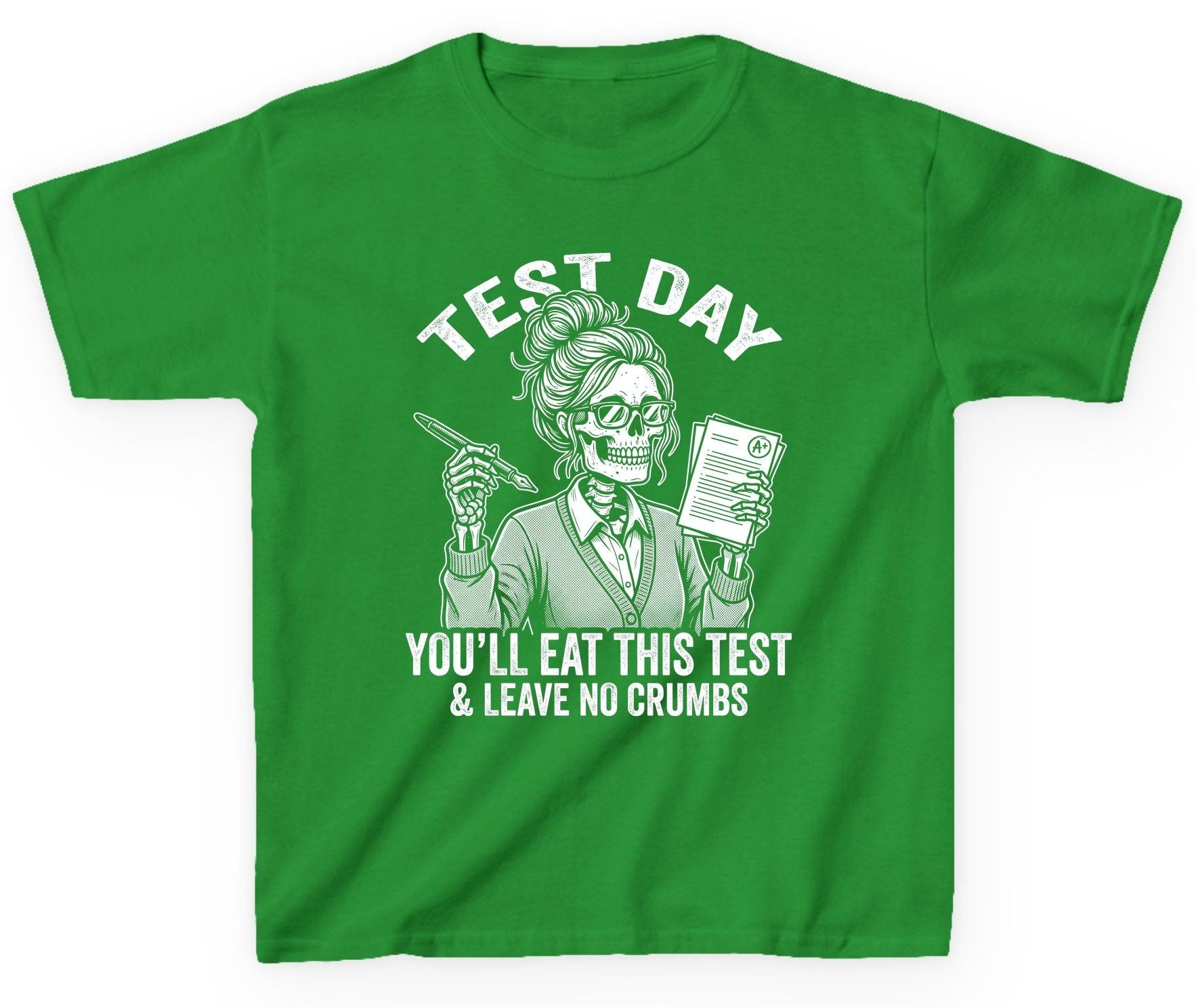 You'll Eat This Test & Leave No Crumbs Funny Day Youth T-Shirt - product mockup - Irish Green