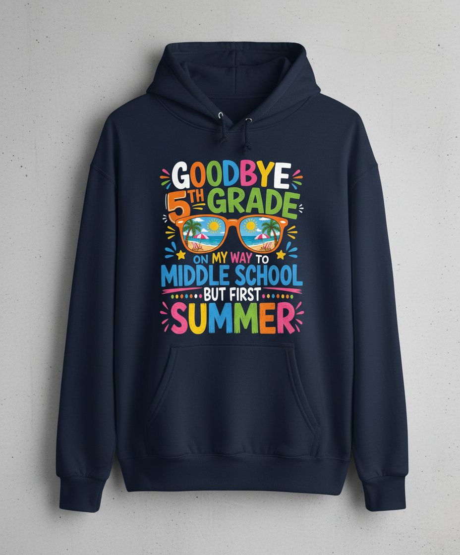 Goodbye 5th Grade on My Way to Middle School but First Summer Hoodie - product mockup - Navy