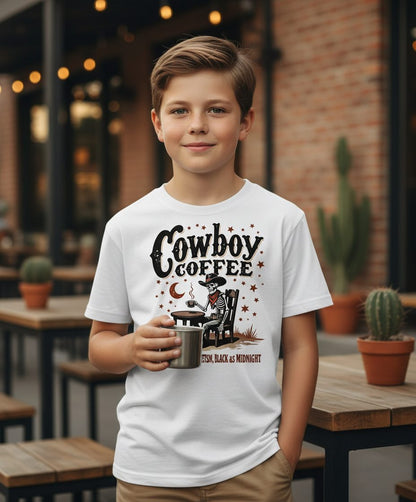 Cowboy Coffee Strong as a Stetson, Black as Midnight cowboy skeleton Youth T-Shirt White lifestyle mockup
