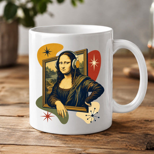 Retro Mona Lisa with Headphones Funny Art Lovers White Mug - product mockup - White