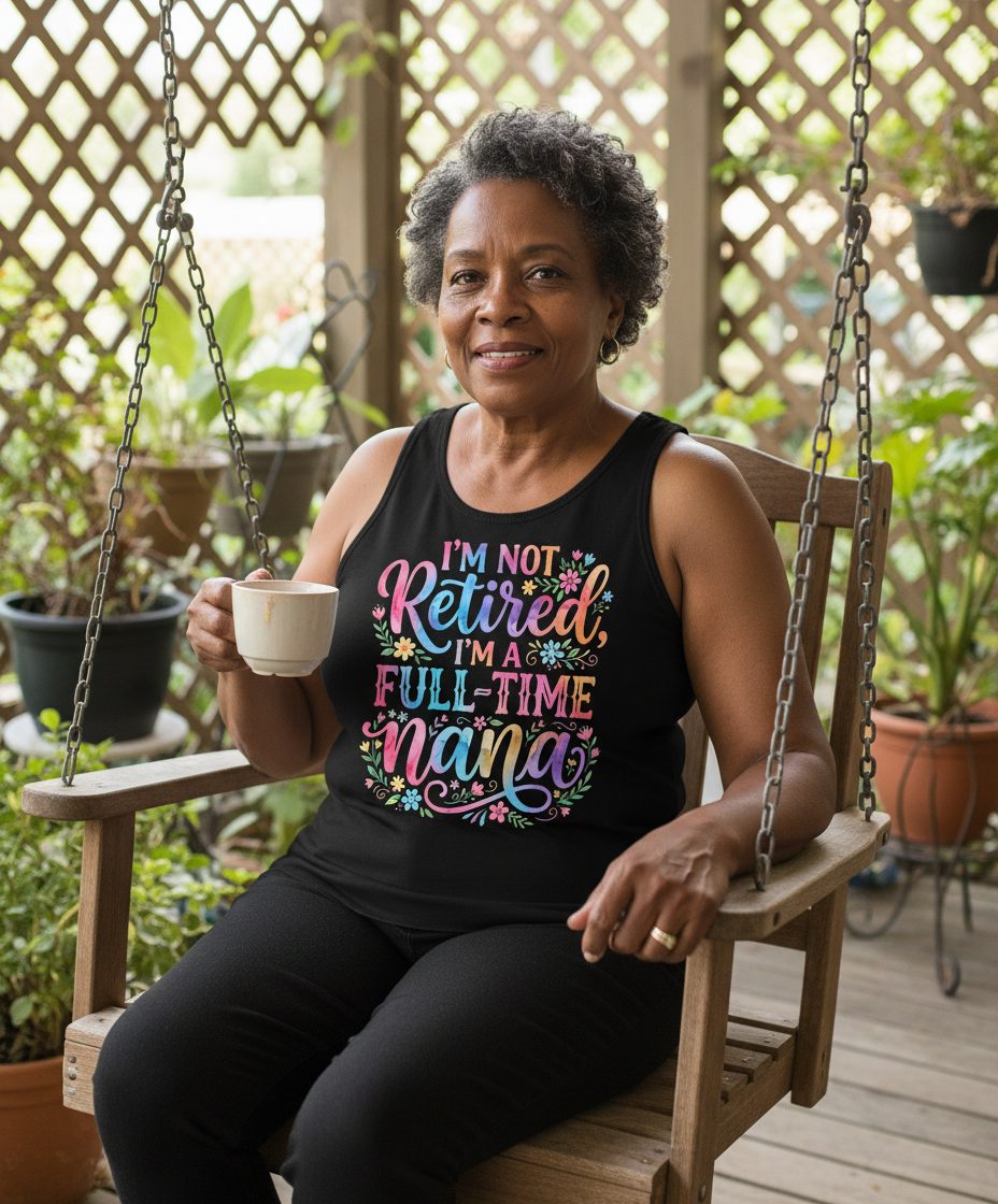 I'M NOT Retired I'M a Full-Time Nana Grandmother Tank Top - lifestyle model mockup - Black