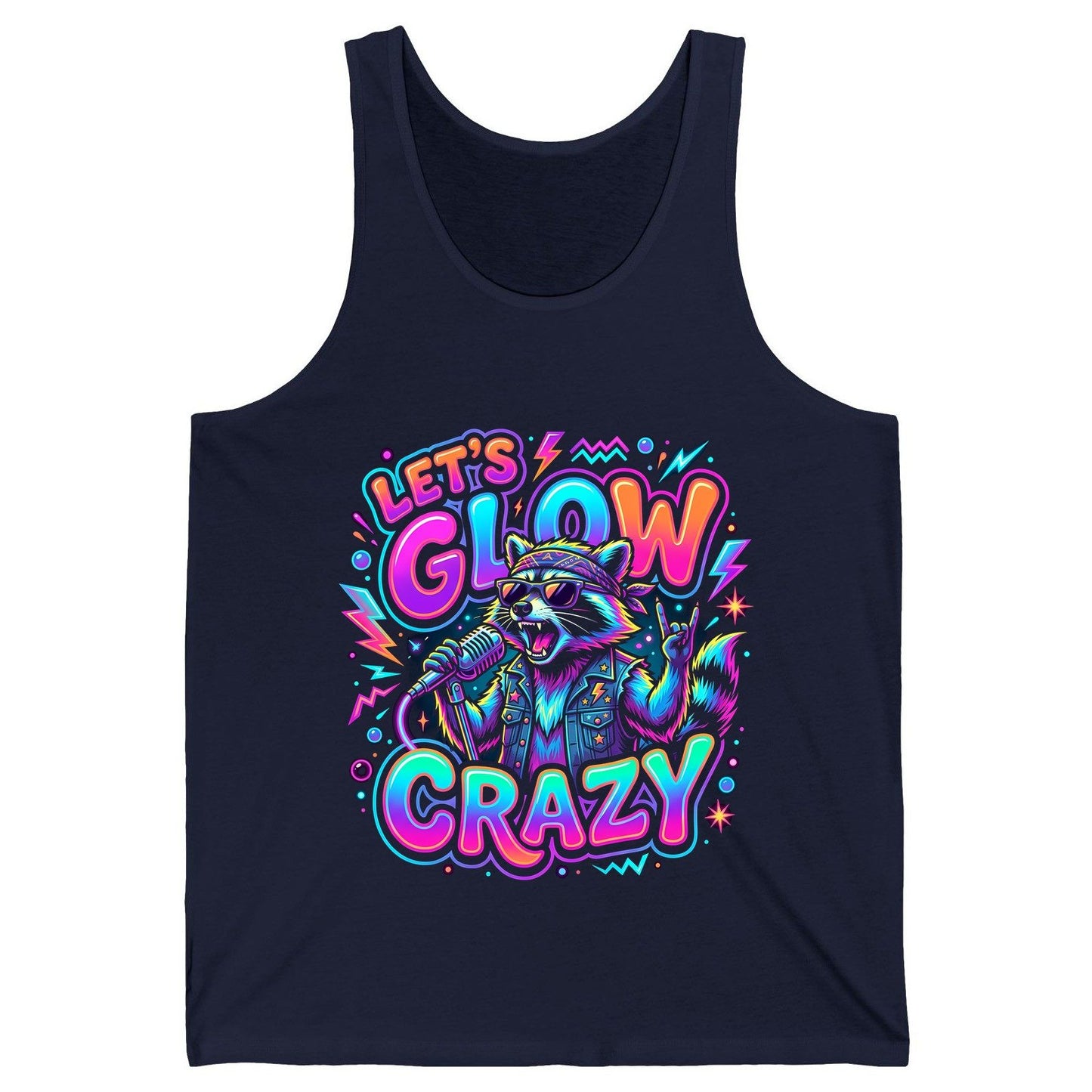 Let's Glow Crazy Funny Rockstar Raccoon Tank Top - product mockup - Navy