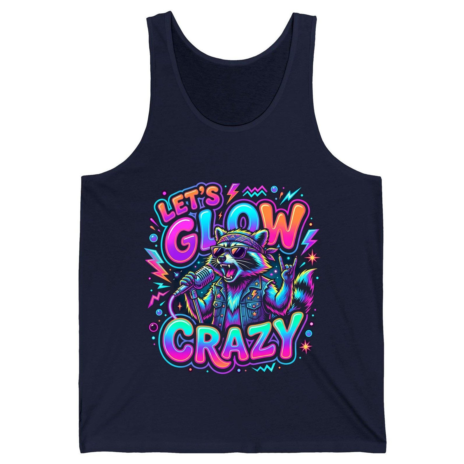 Let's Glow Crazy Funny Rockstar Raccoon Tank Top - product mockup - Navy