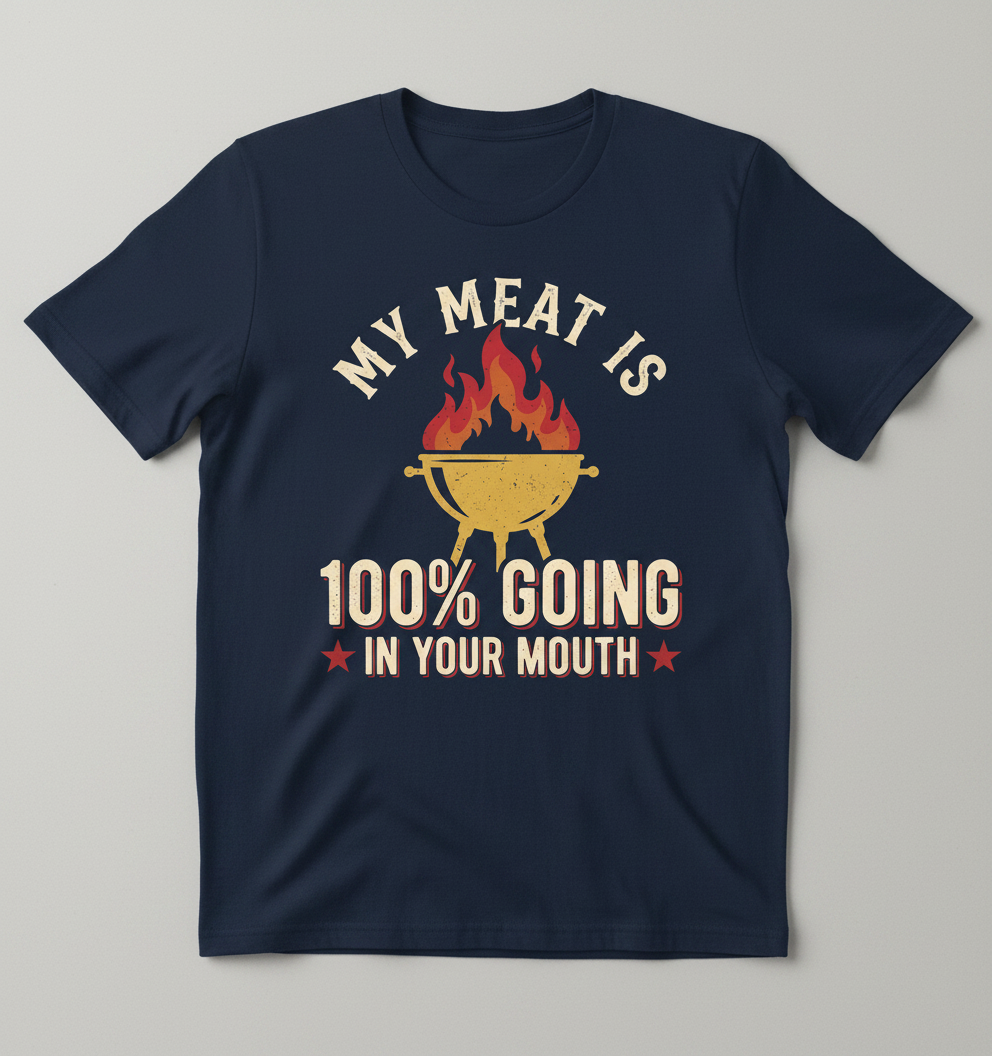 My Meat Is 100% Going In Your Mouth Funny BBQ Grill Design T-Shirt - Navy