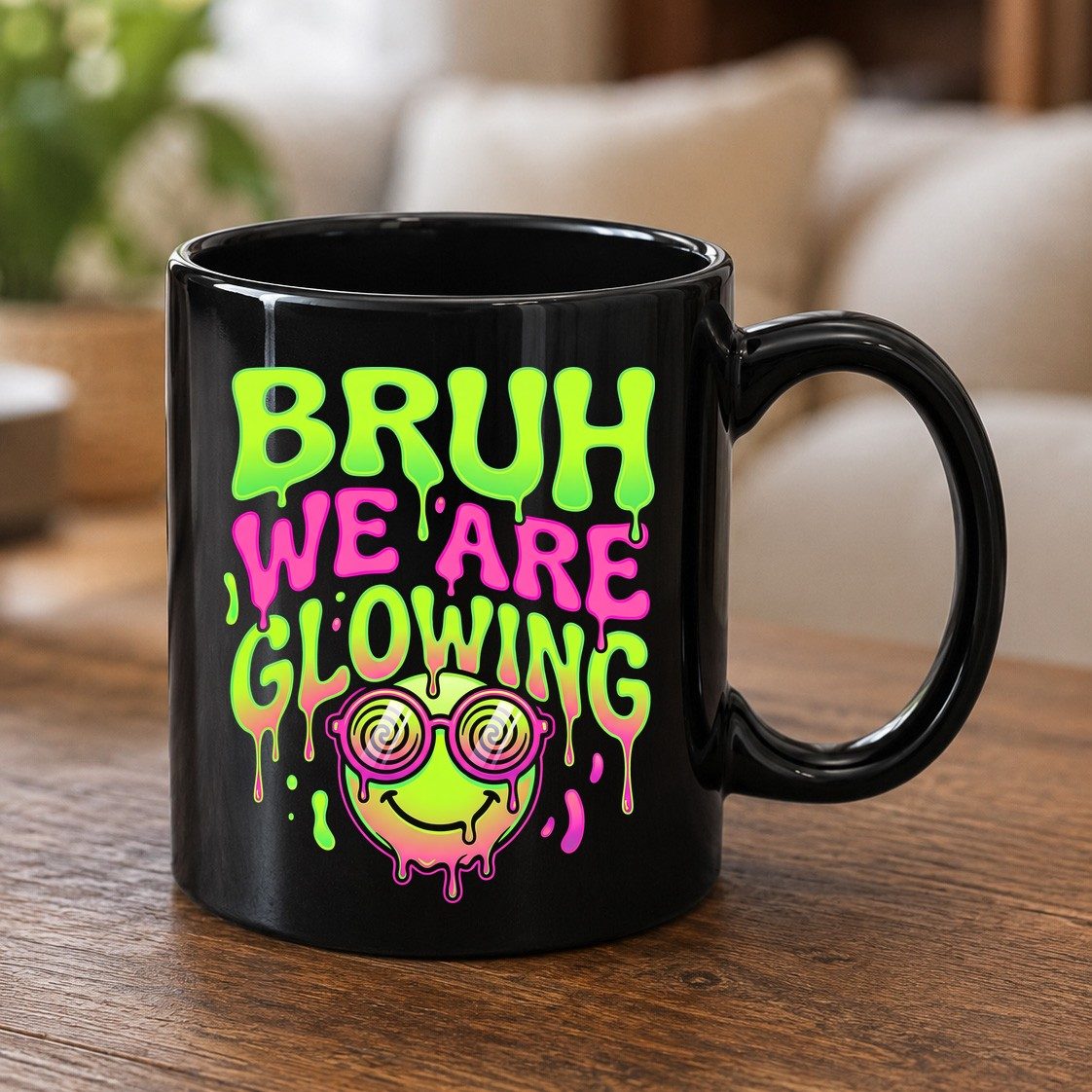 Bruh We Are Glowing rave culture Black Mug Black product mockup